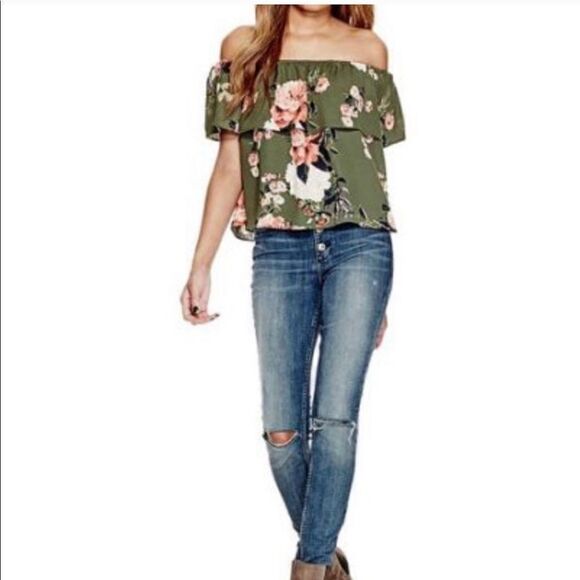 GUESS green  boho spring floral top off shoulder  cold shoulder small - Picture 2 of 9